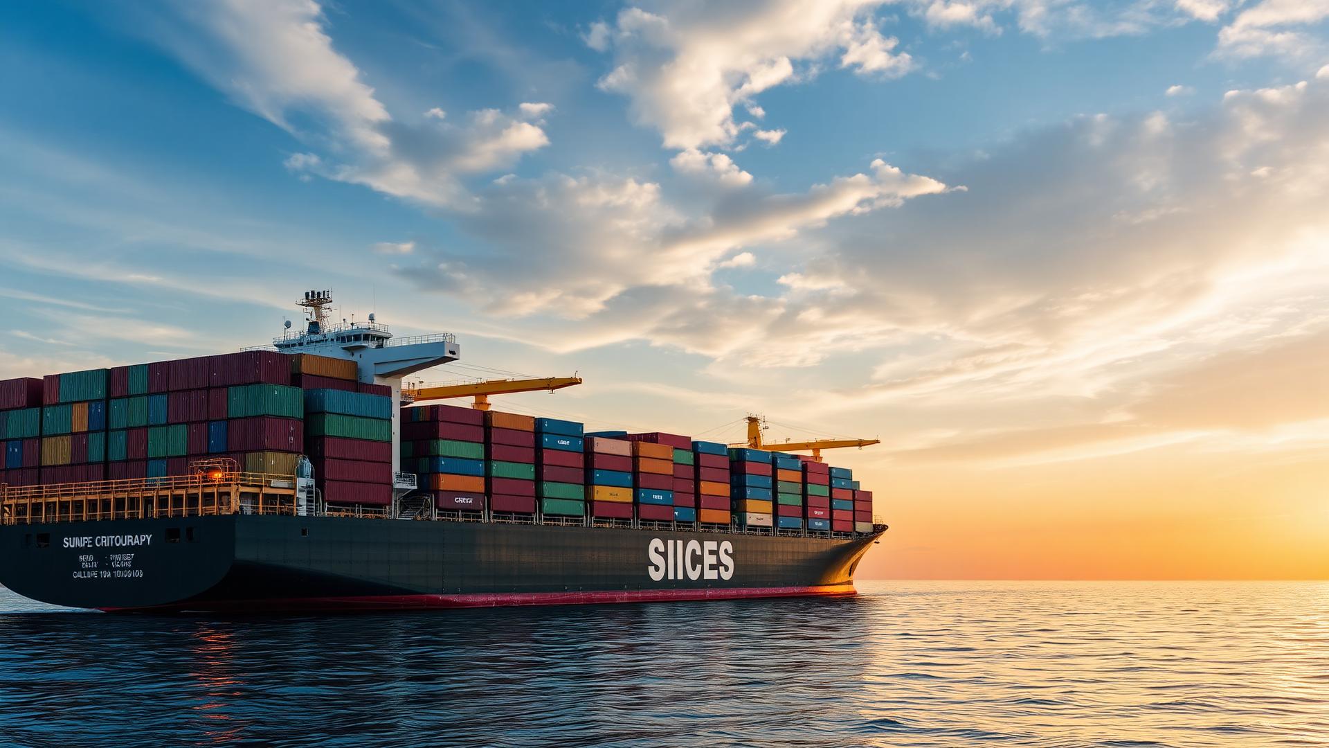 Cargo ship loaded with containers at sunset
